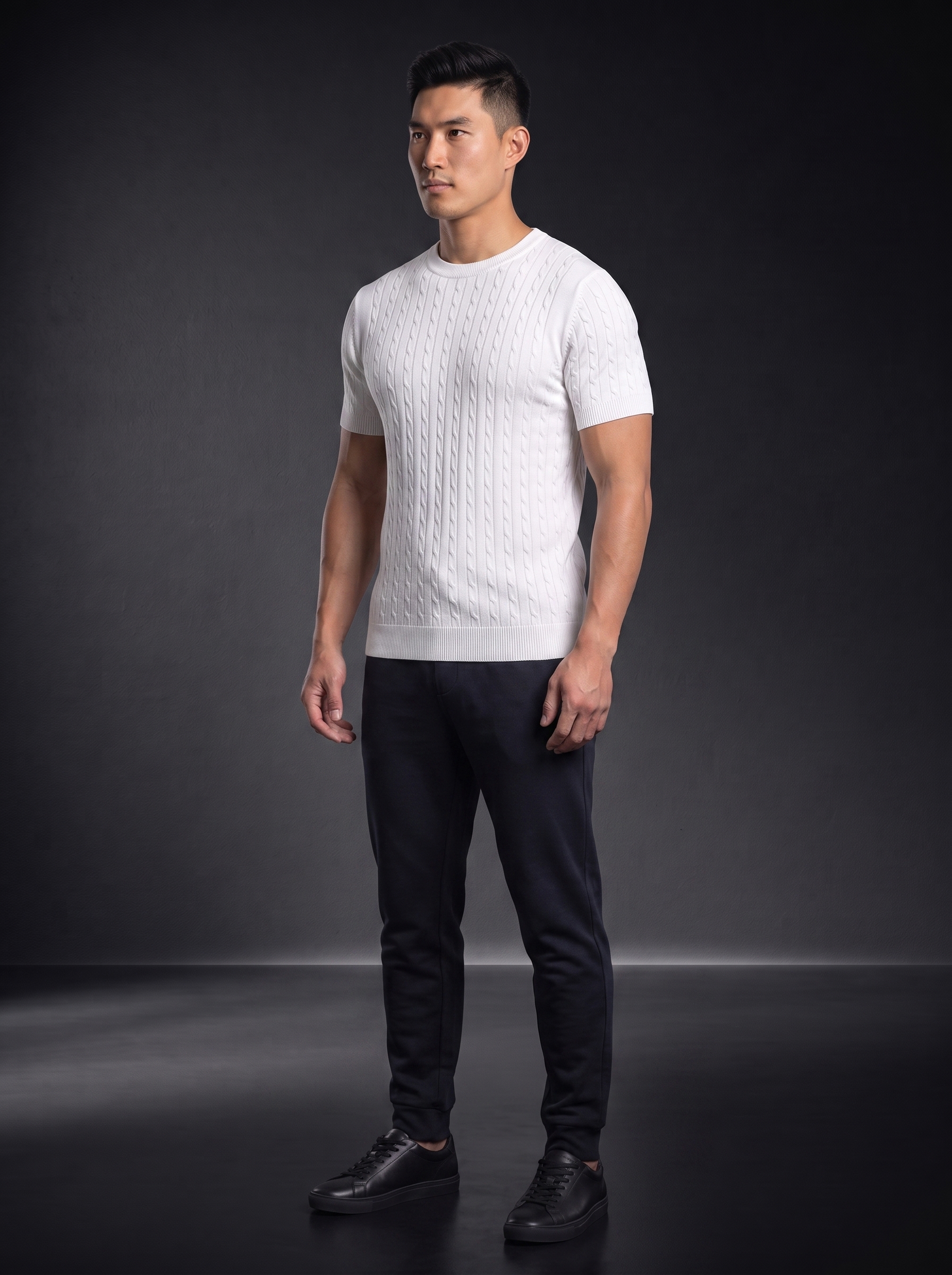 Мъжка тениска с релефна плетка "Cable Knit" – Бяла - Image 3