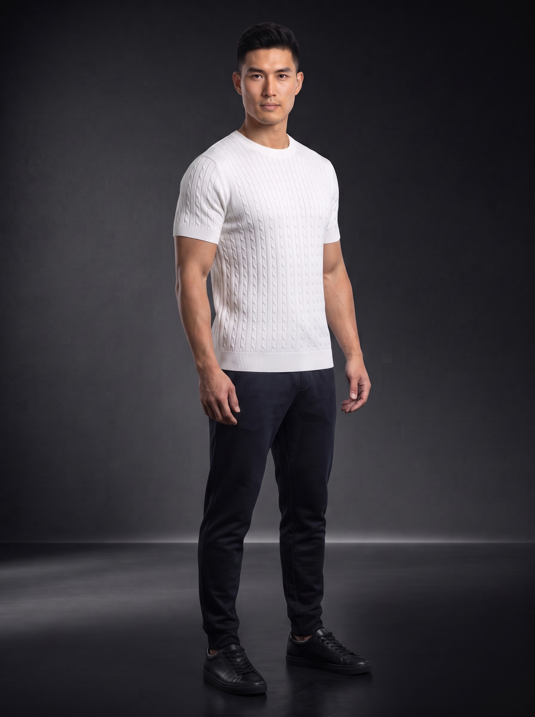 Мъжка тениска с релефна плетка "Cable Knit" – Бяла - Image 4