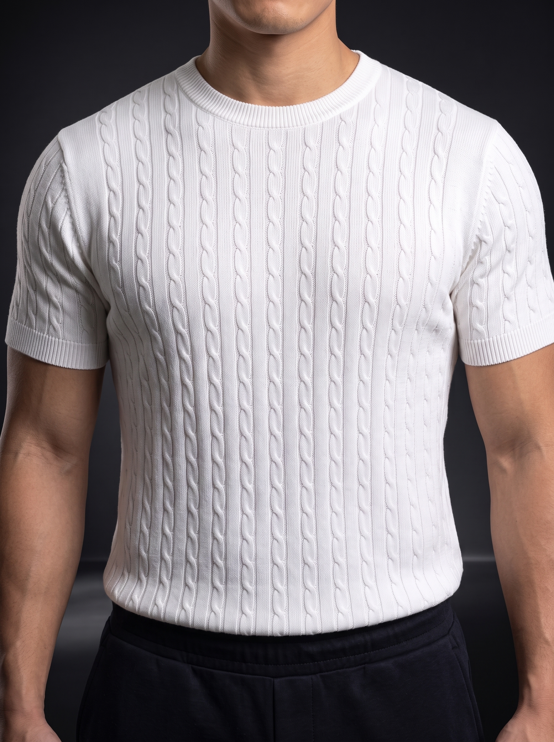 Мъжка тениска с релефна плетка "Cable Knit" – Бяла - Image 9