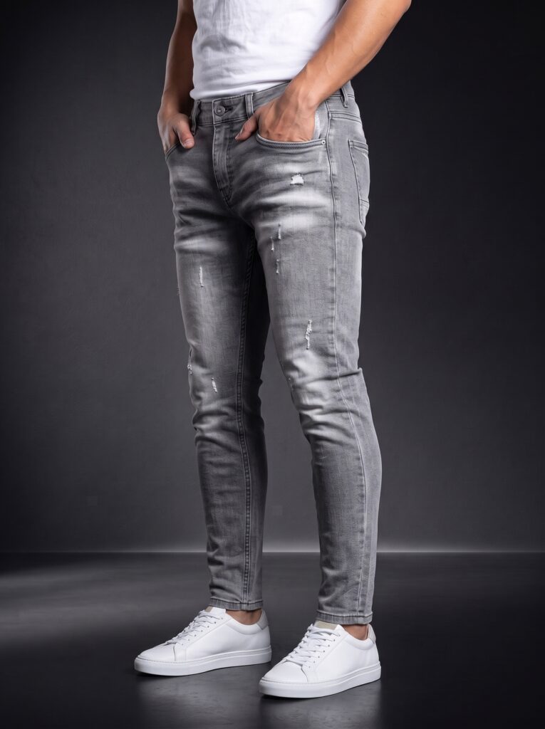 Мъжки накъсани дънки Slim Fit – Светлосив деним
