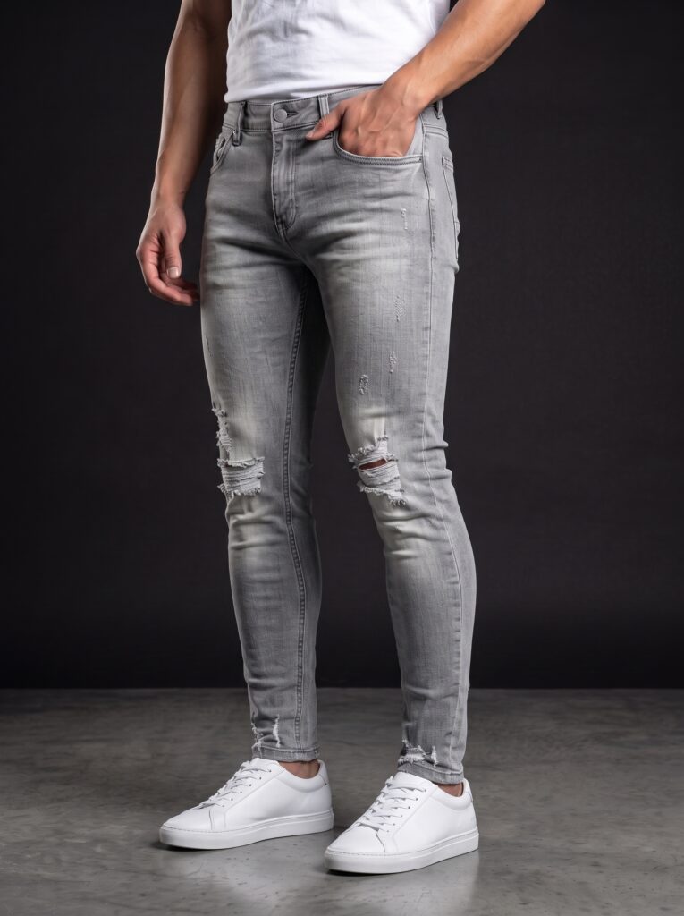 Мъжки накъсани дънки Slim Fit – Светлосив деним