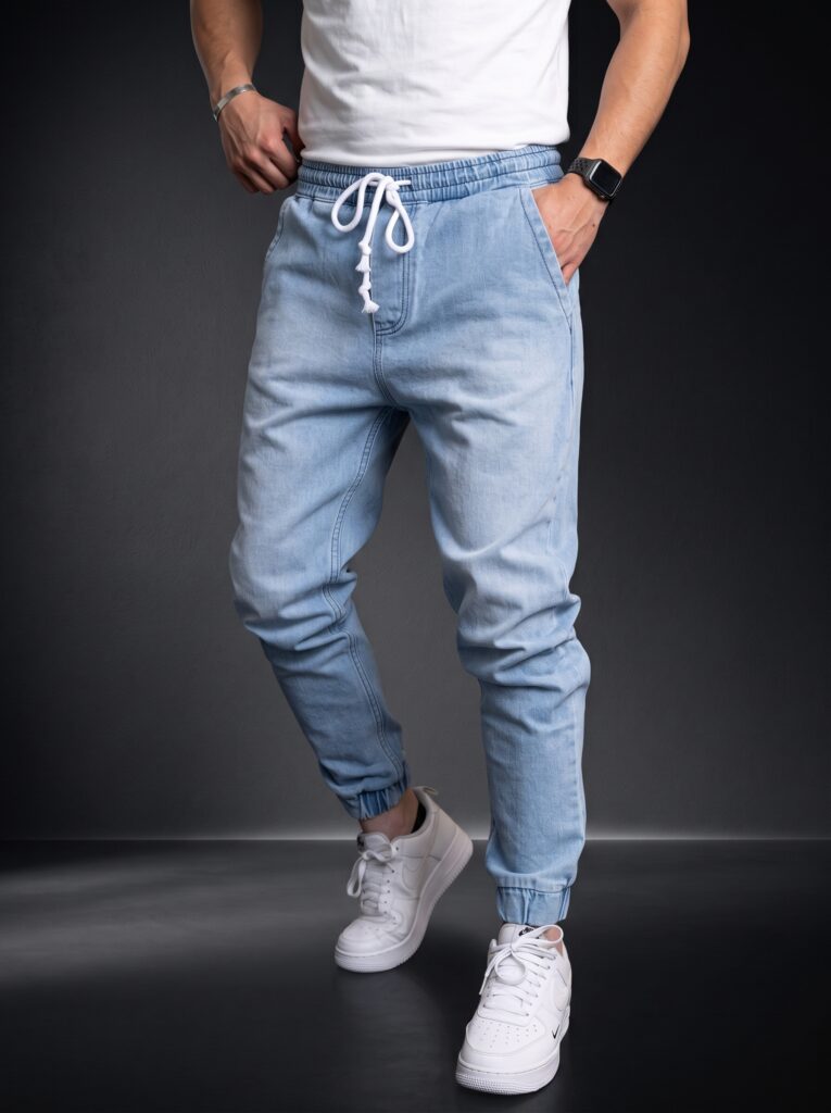 Мъжки дънкови панталони с ластик Jogger Fit – Ice Blue