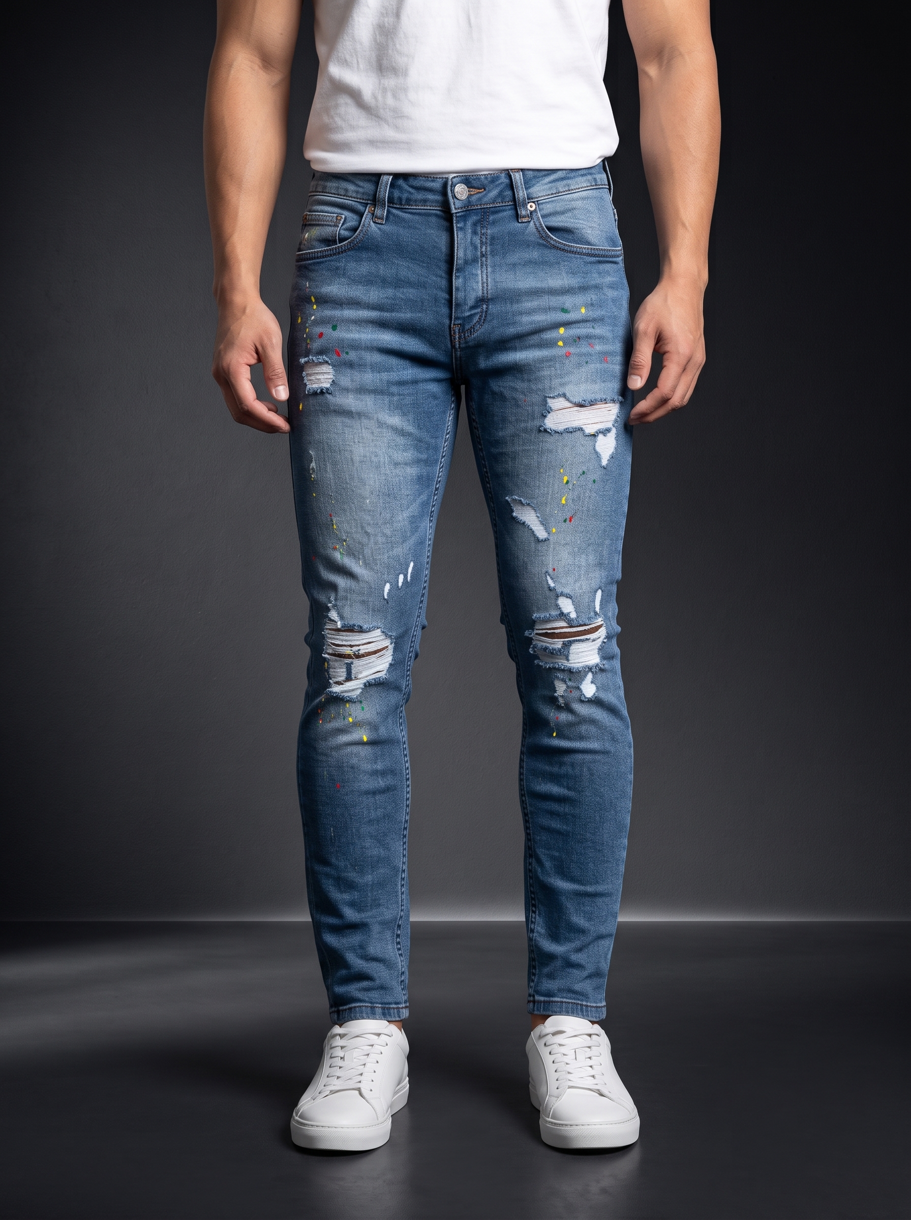 Мъжки накъсани дънки Slim Fit с цветни пръски – Син деним - Image 2