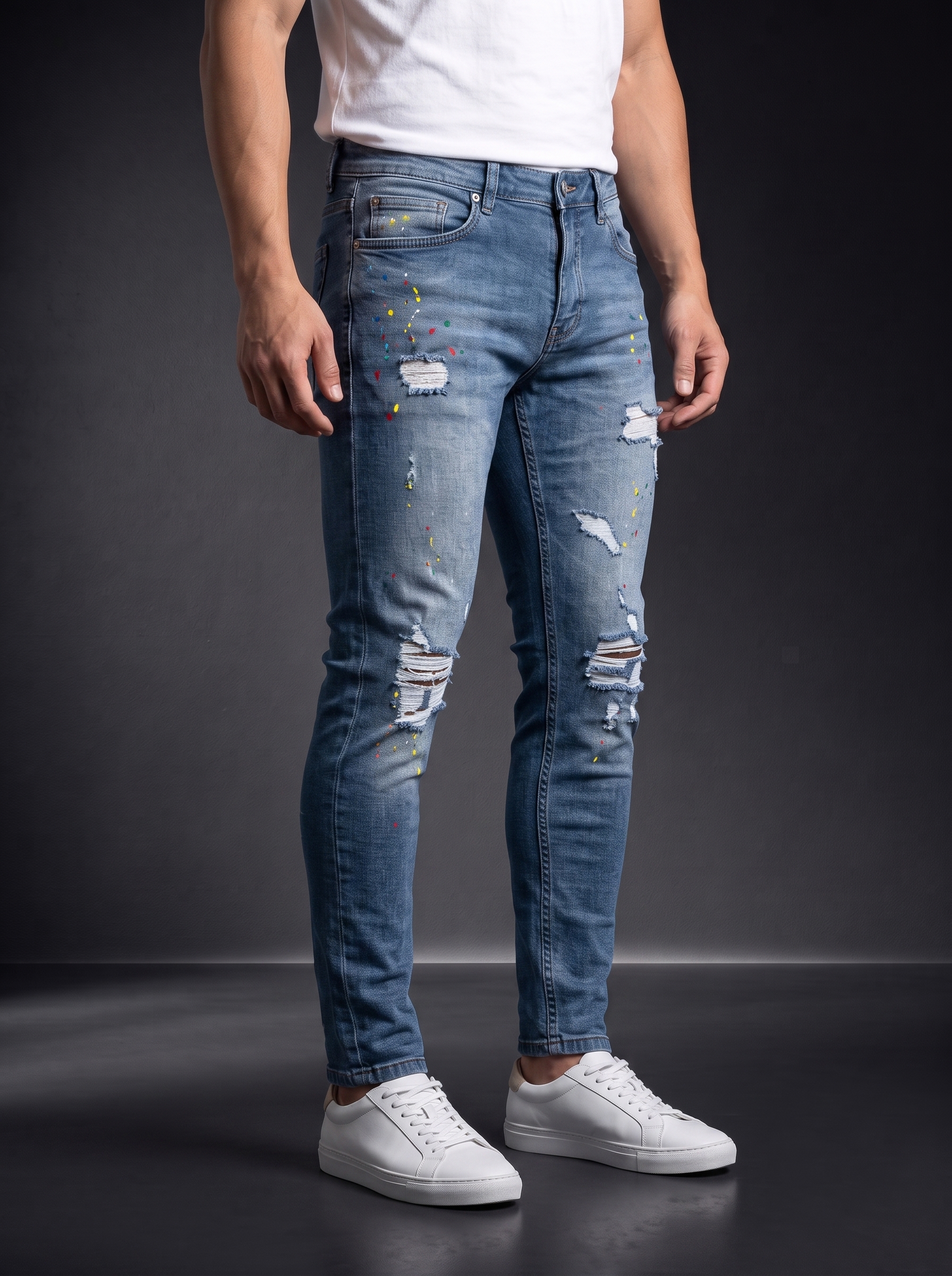 Мъжки накъсани дънки Slim Fit с цветни пръски – Син деним