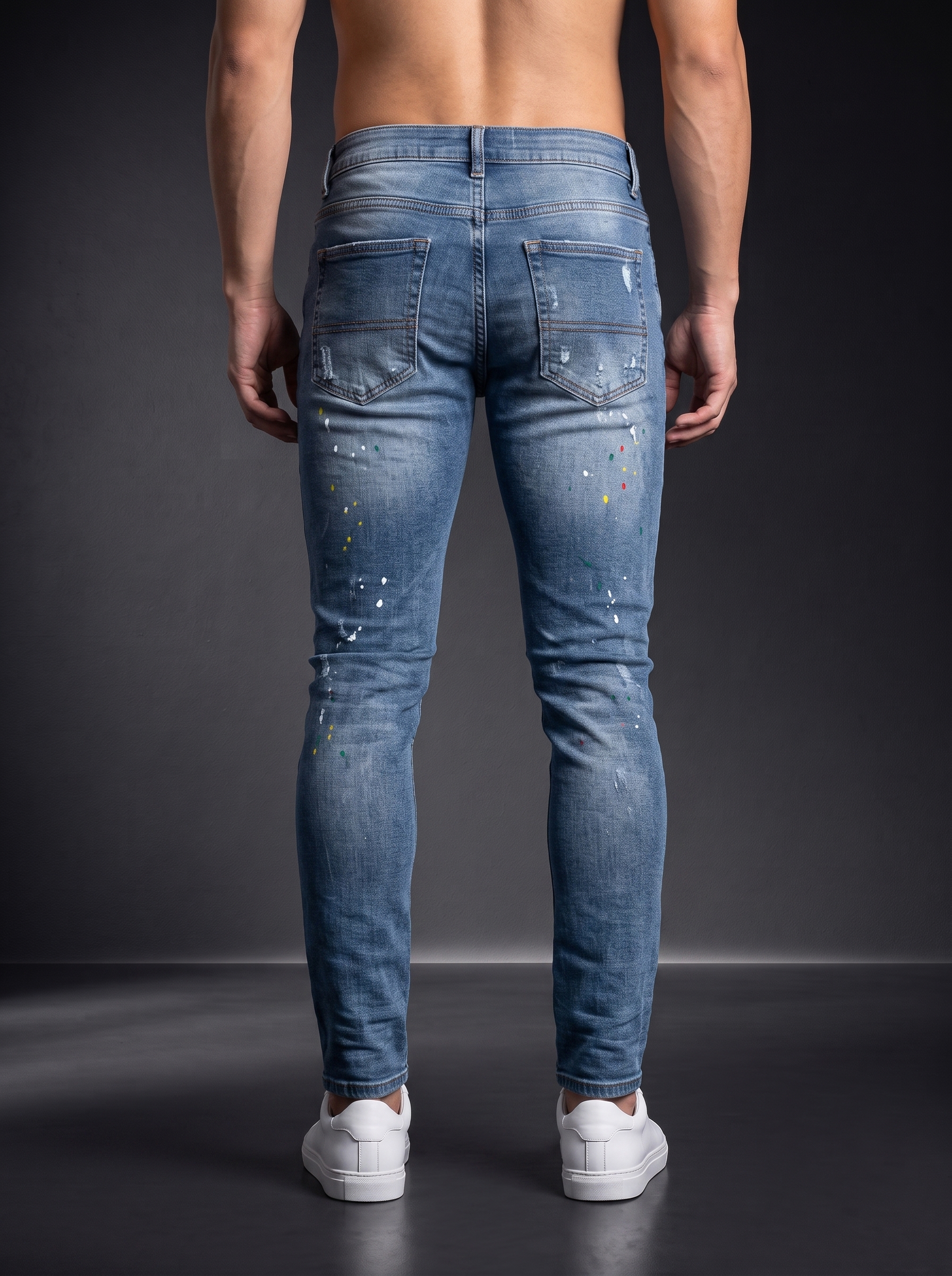 Мъжки накъсани дънки Slim Fit с цветни пръски – Син деним - Image 4