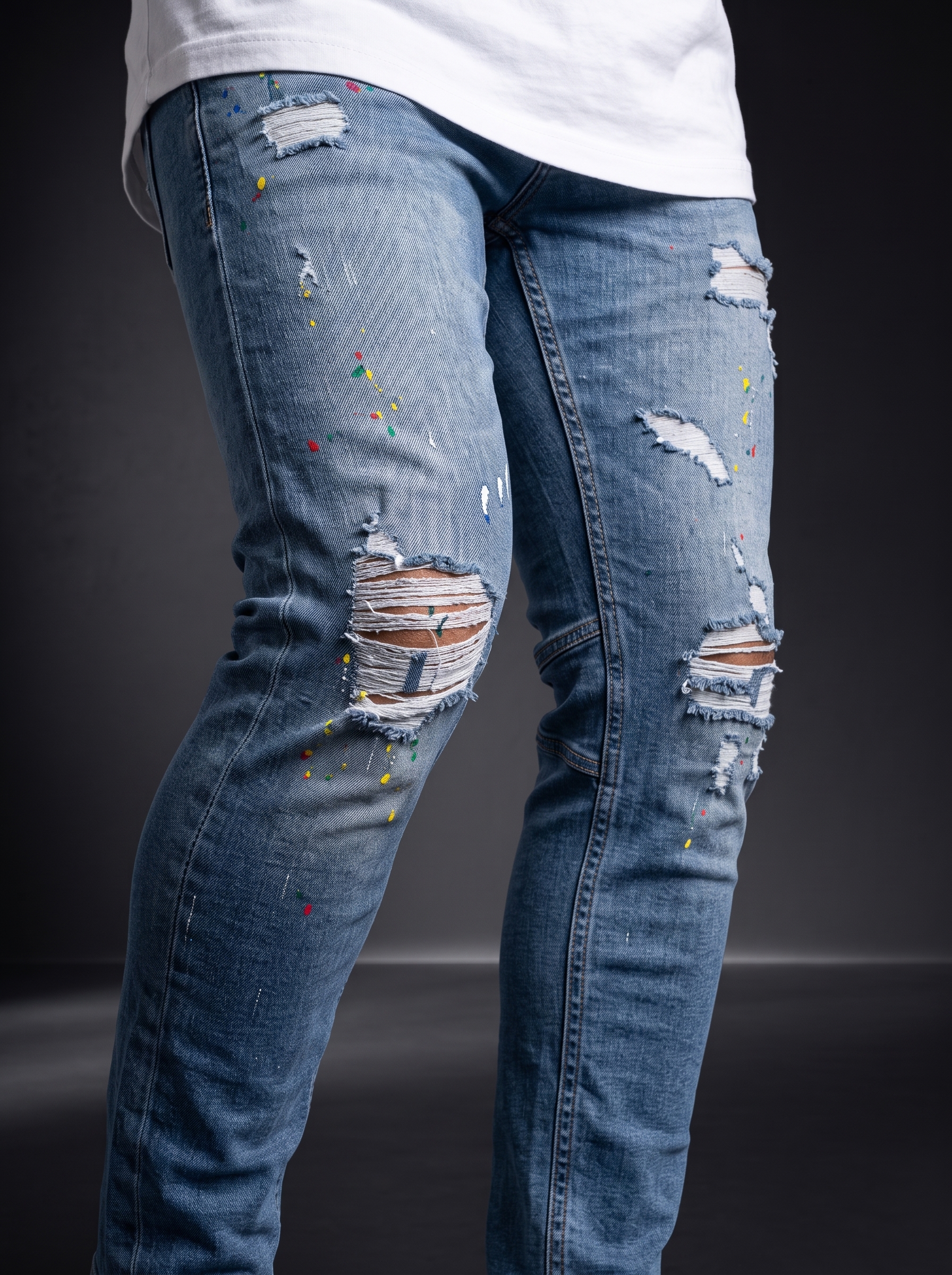 Мъжки накъсани дънки Slim Fit с цветни пръски – Син деним - Image 5