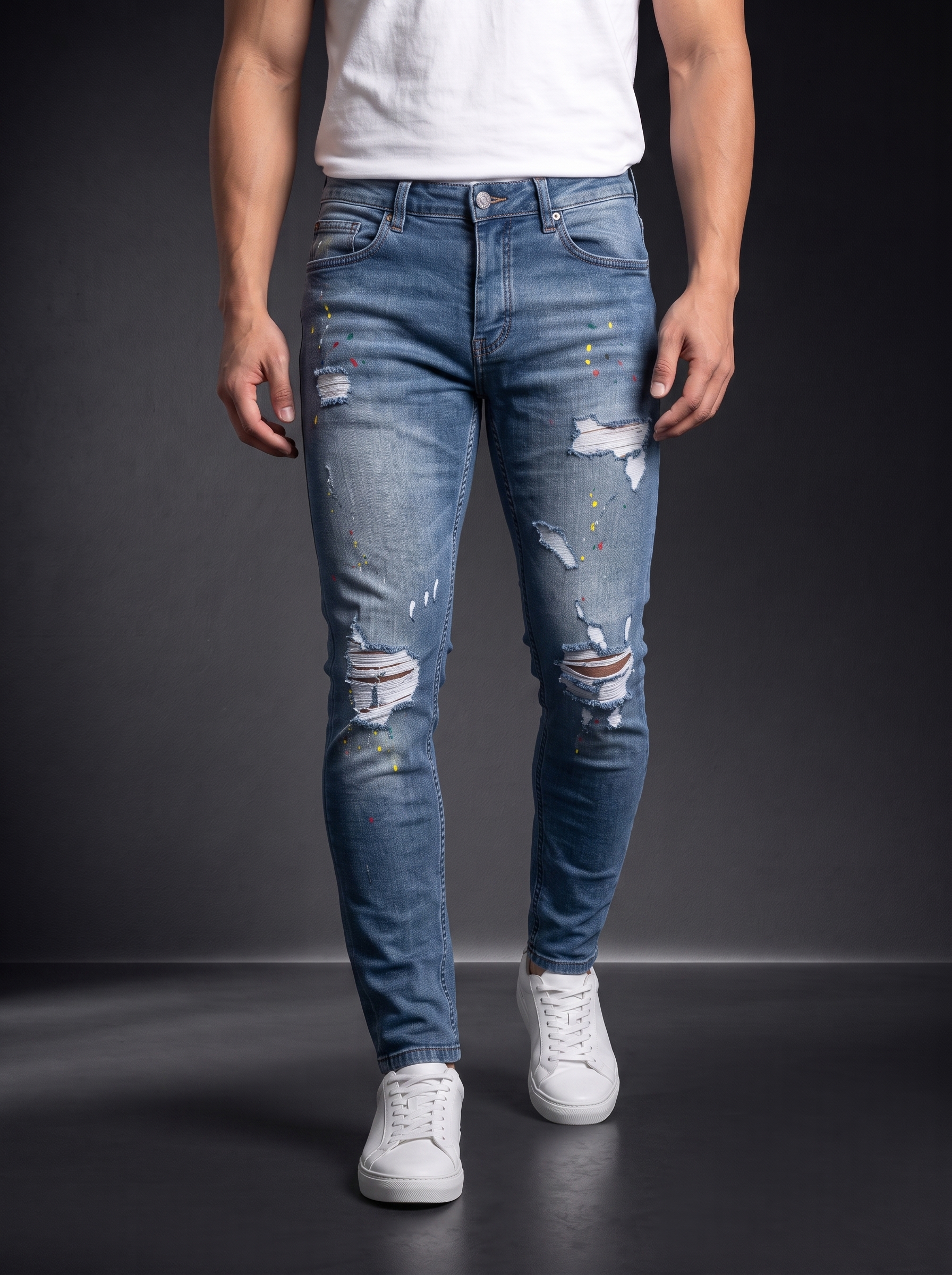Мъжки накъсани дънки Slim Fit с цветни пръски – Син деним - Image 7