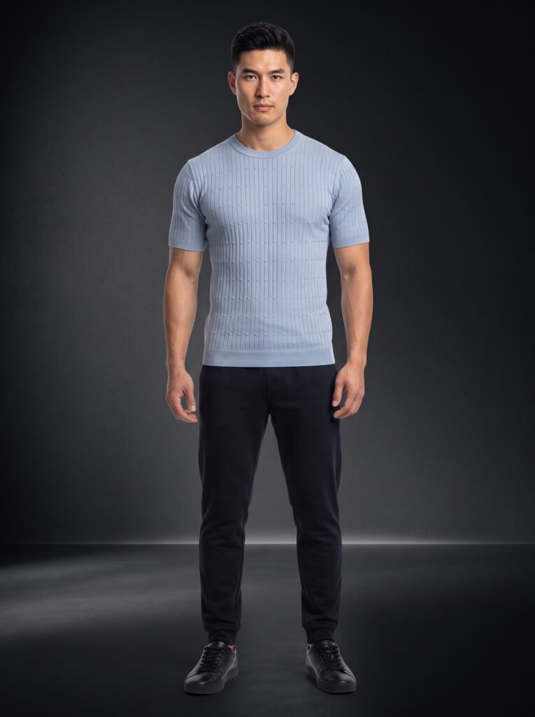 Мъжка тениска с релефна плетка "Cable Knit" – Светло синьо