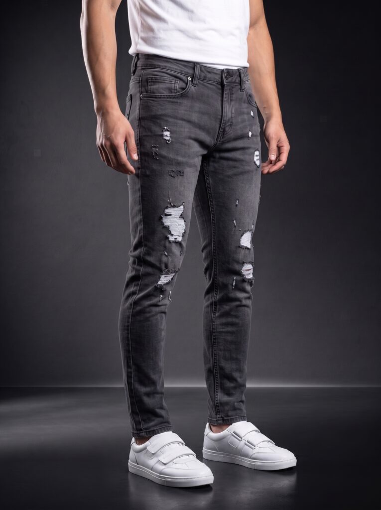 Мъжки накъсани дънки Slim Fit – Тъмносив деним