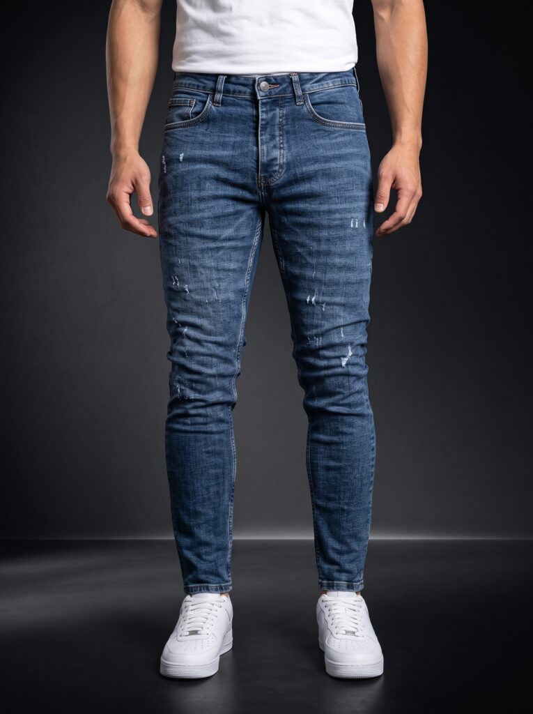 Мъжки накъсани дънки Slim Fit – Тъмен деним