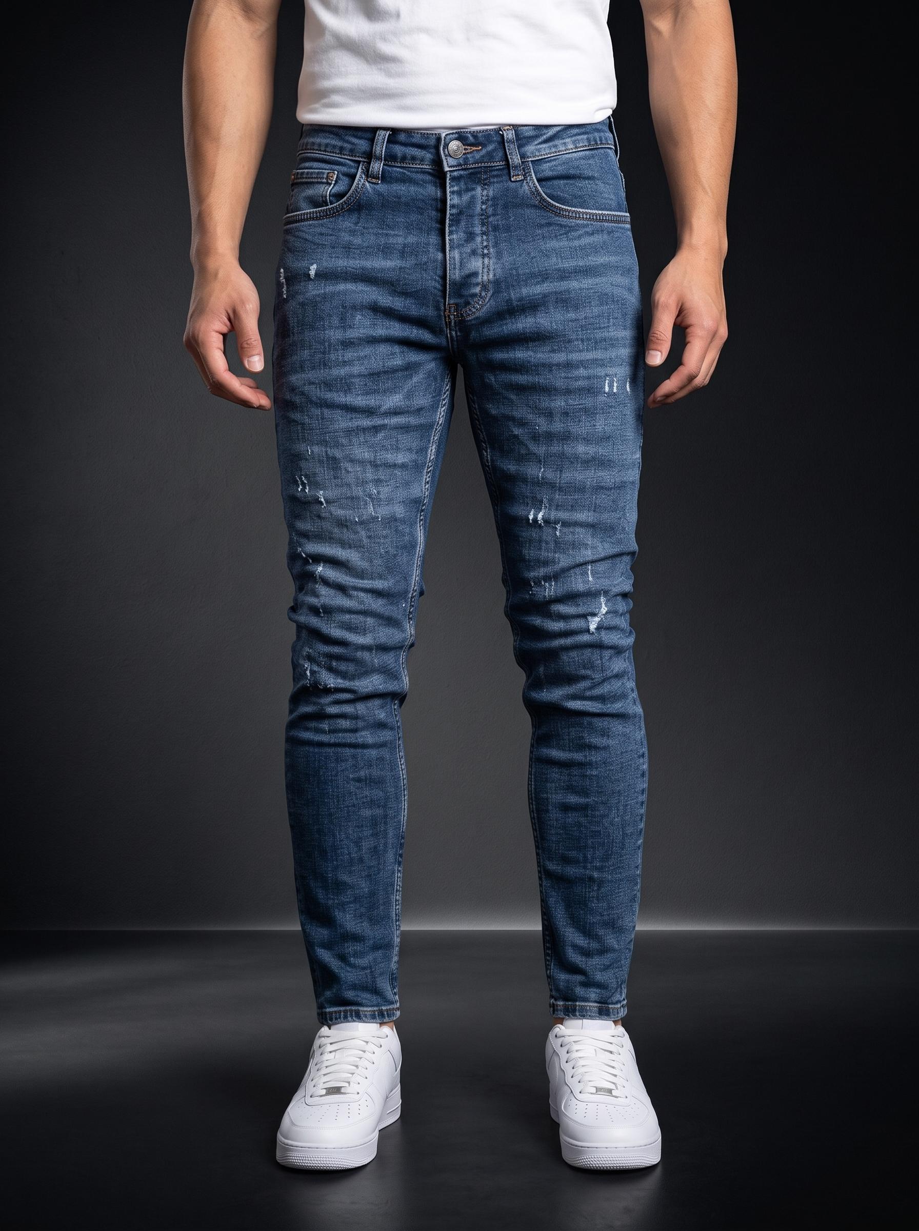 Мъжки накъсани дънки Slim Fit – Тъмен деним