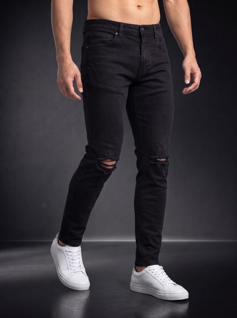 Мъжки накъсани на коленете дънки Slim Fit – Черен деним