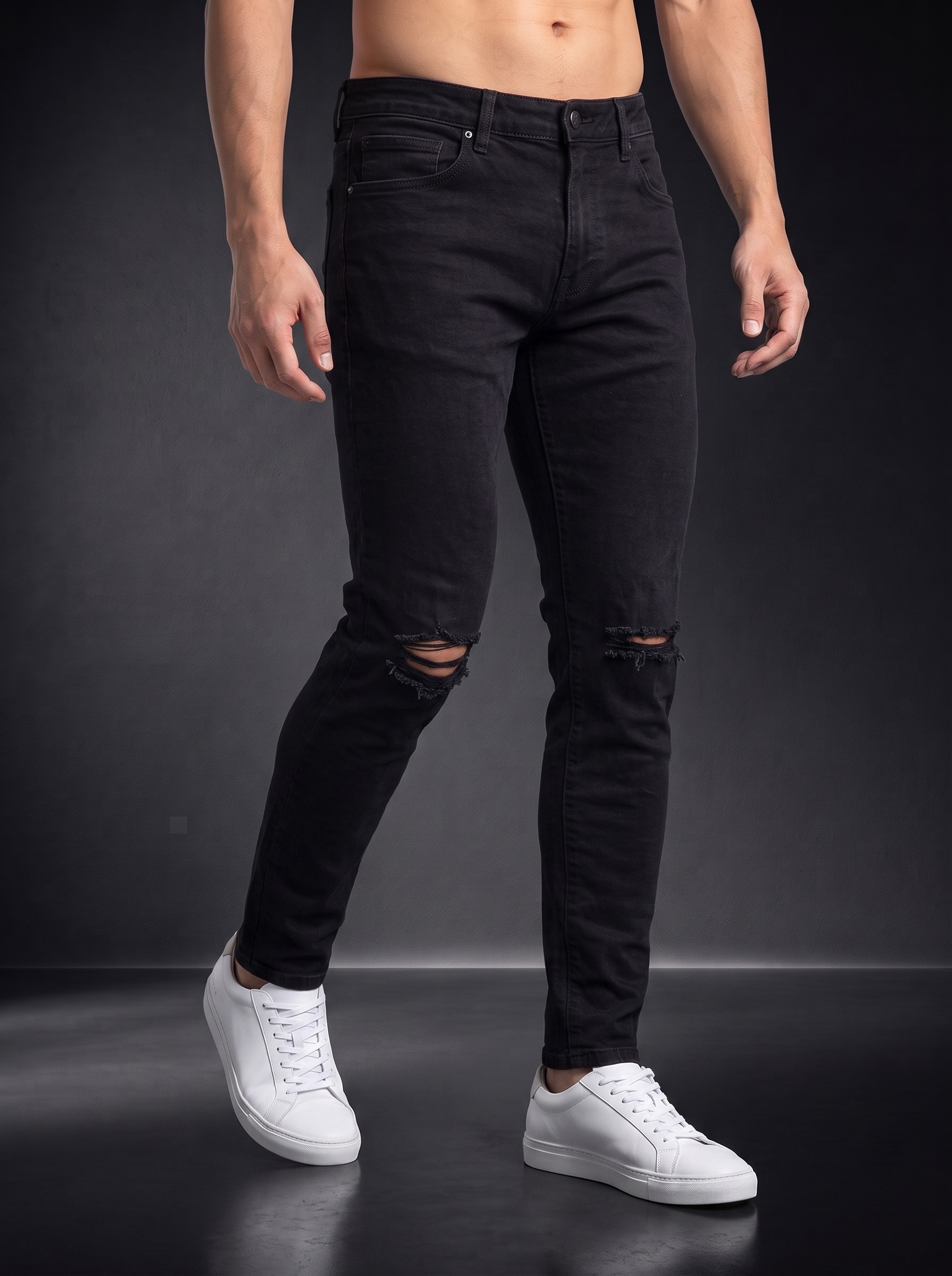 Мъжки накъсани на коленете дънки Slim Fit – Черен деним