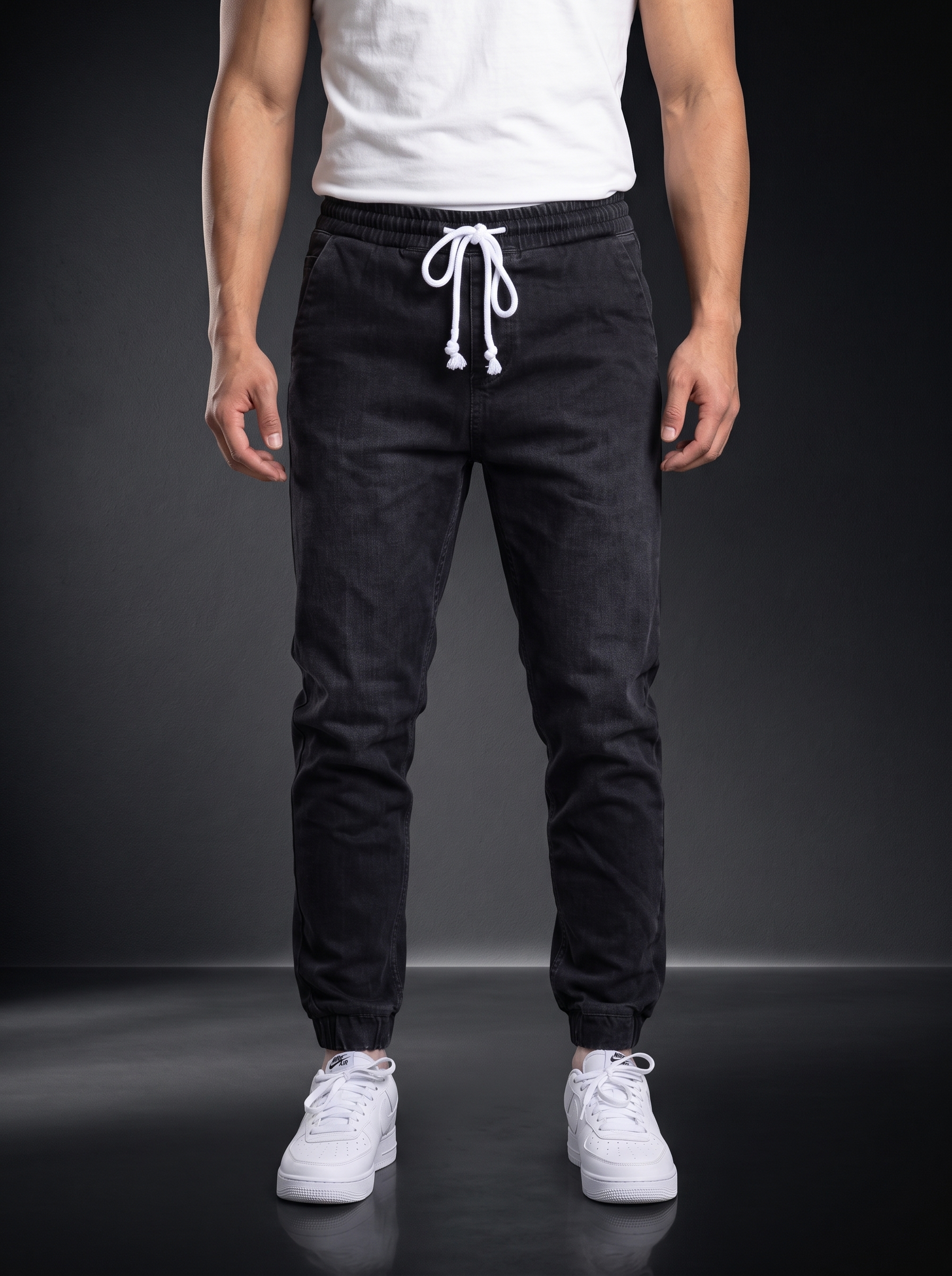 Мъжки дънкови панталони с ластик Jogger Fit – Черен - Image 2