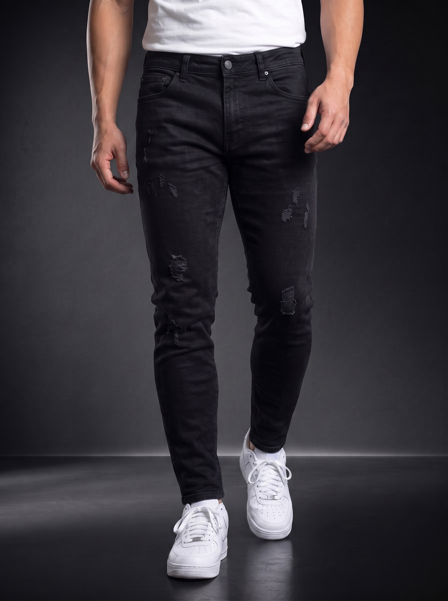 Мъжки надрани дънки Slim Fit – Черен деним - Image 2
