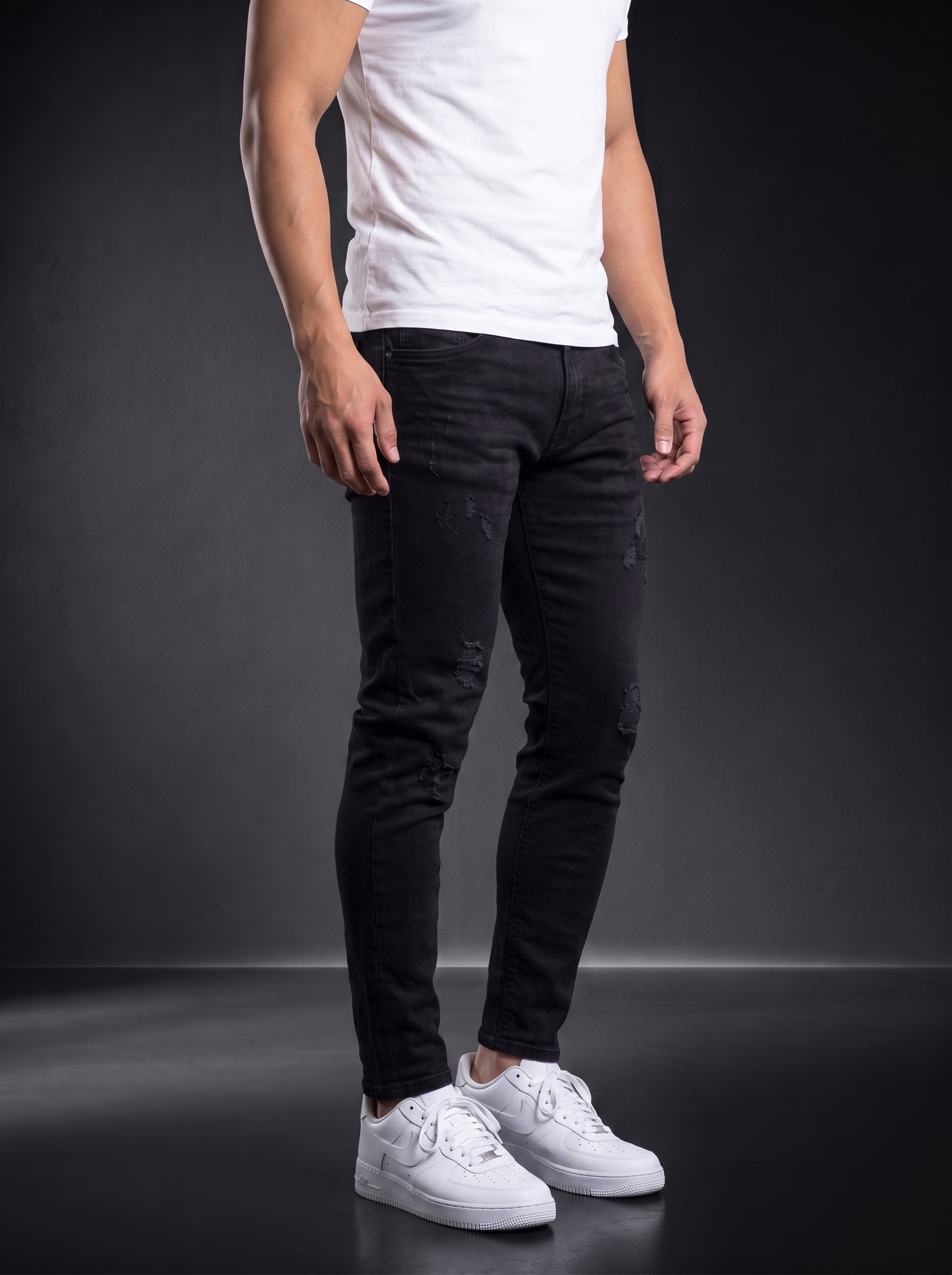 Мъжки надрани дънки Slim Fit – Черен деним - Image 4
