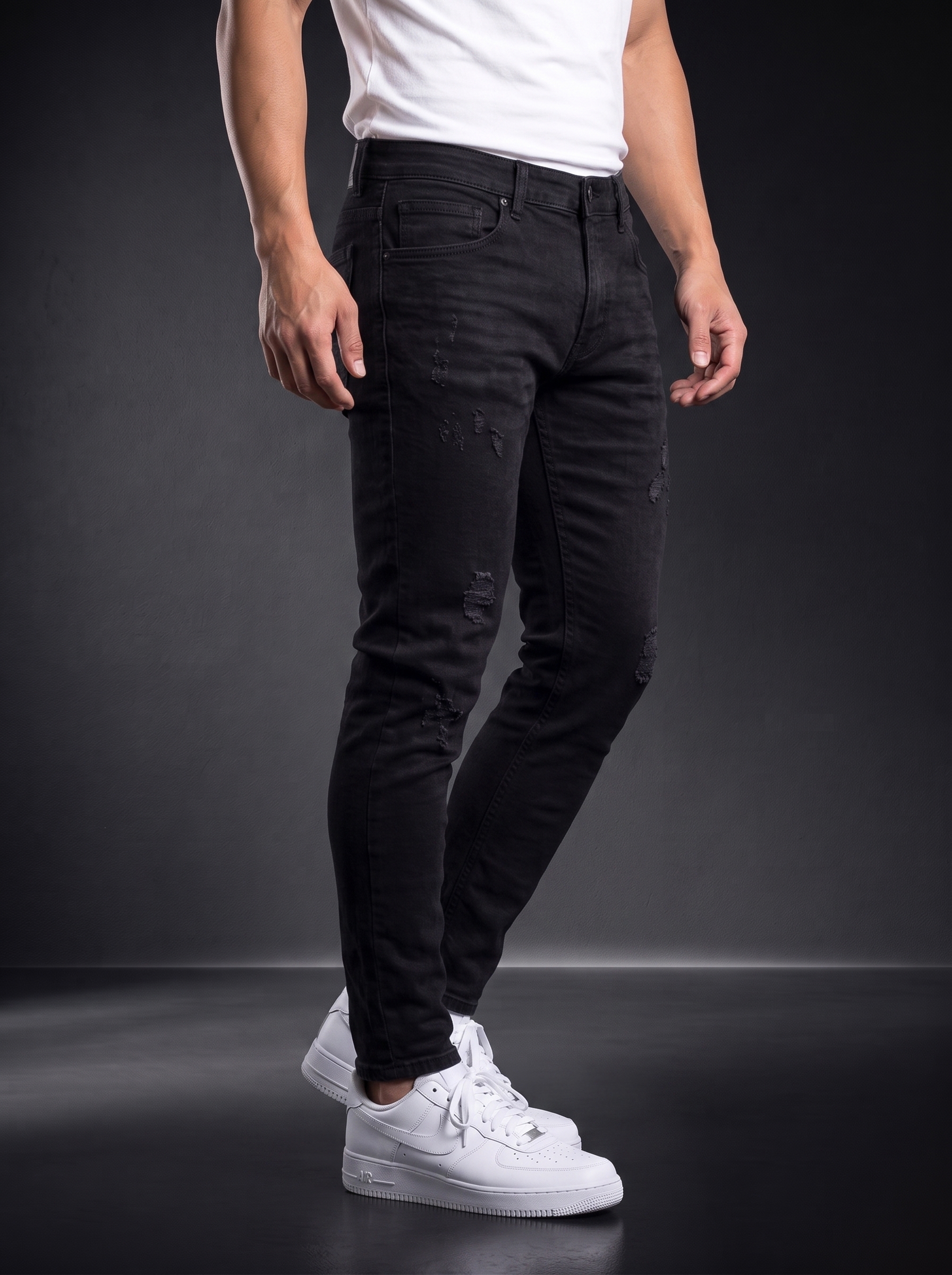 Мъжки надрани дънки Slim Fit – Черен деним