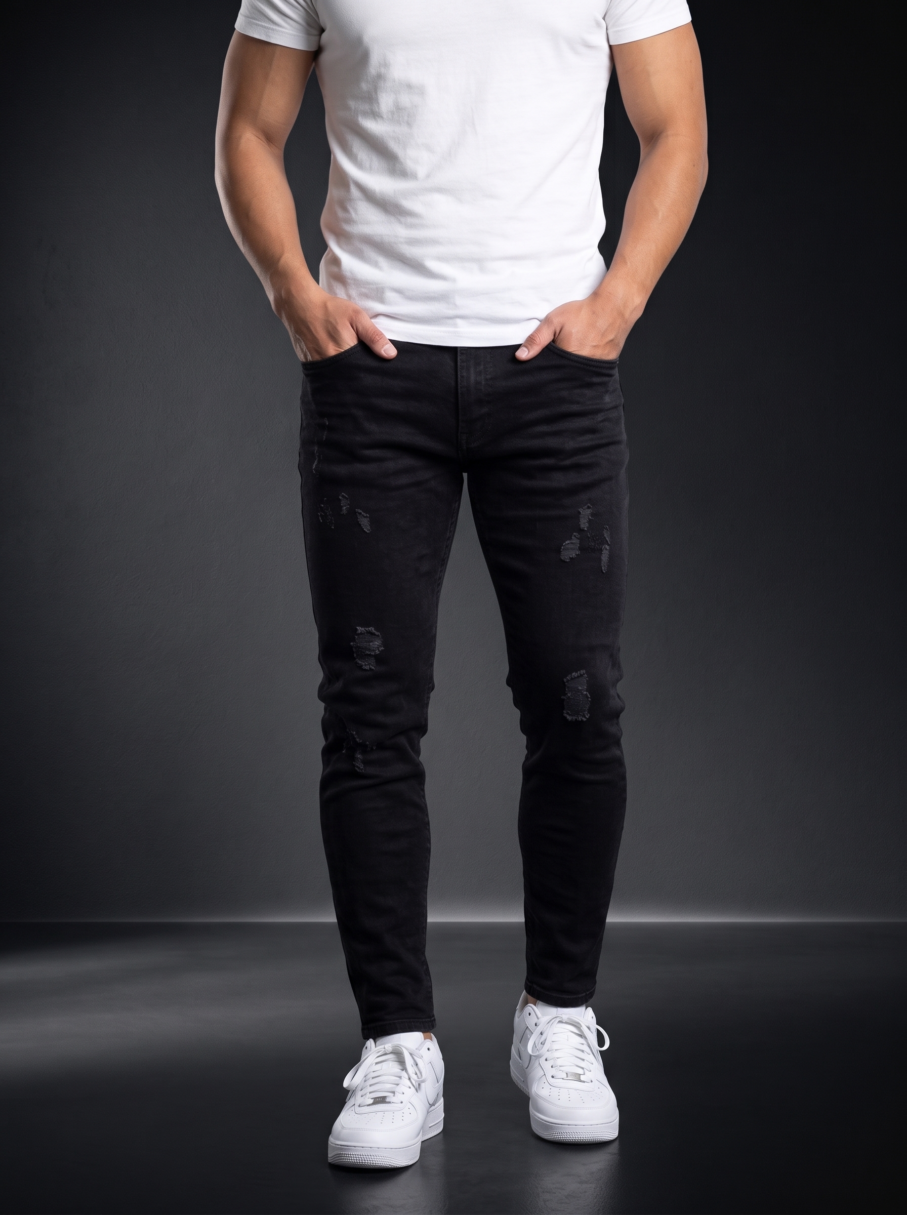 Мъжки надрани дънки Slim Fit – Черен деним - Image 6