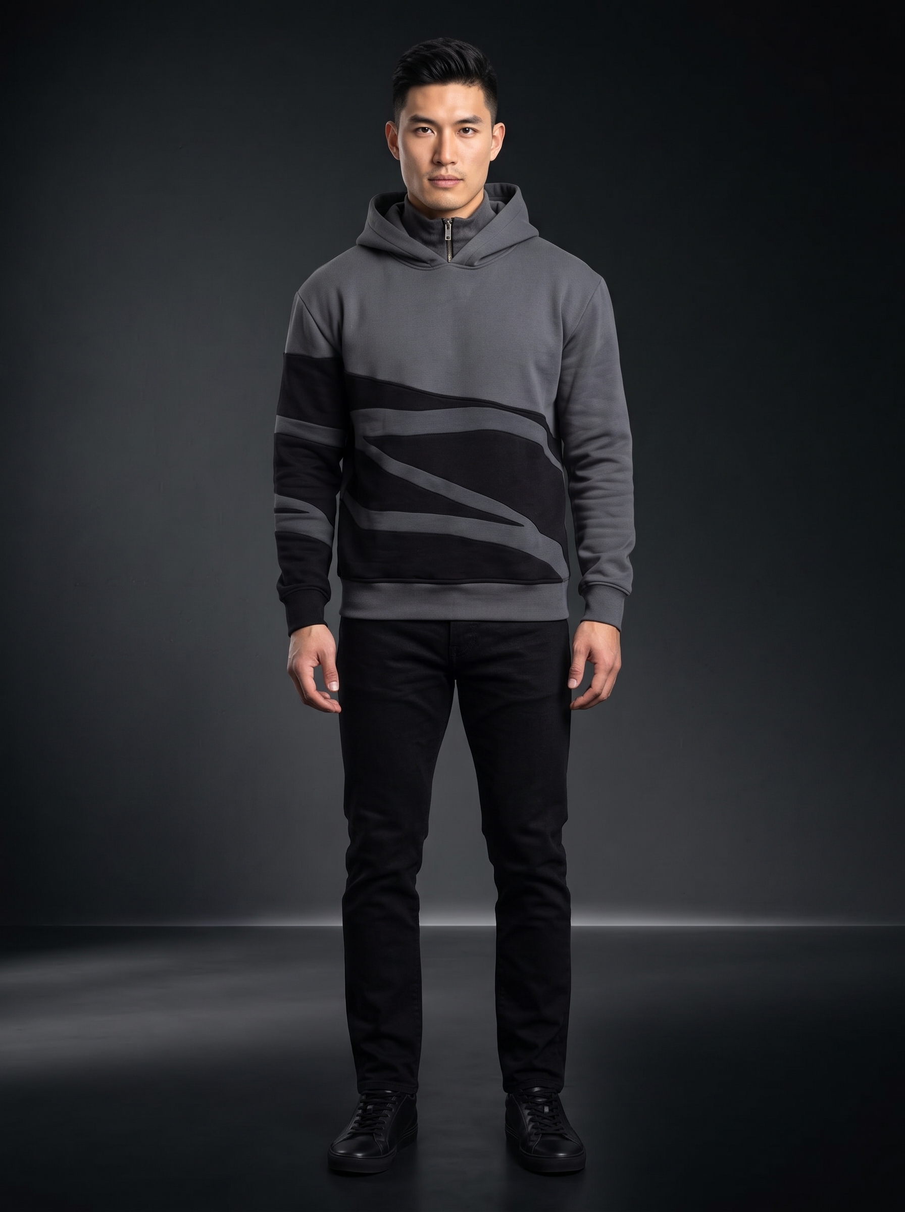 Мъжки суитшърт с качулка, цип и асиметрични панели – Сиво-черен