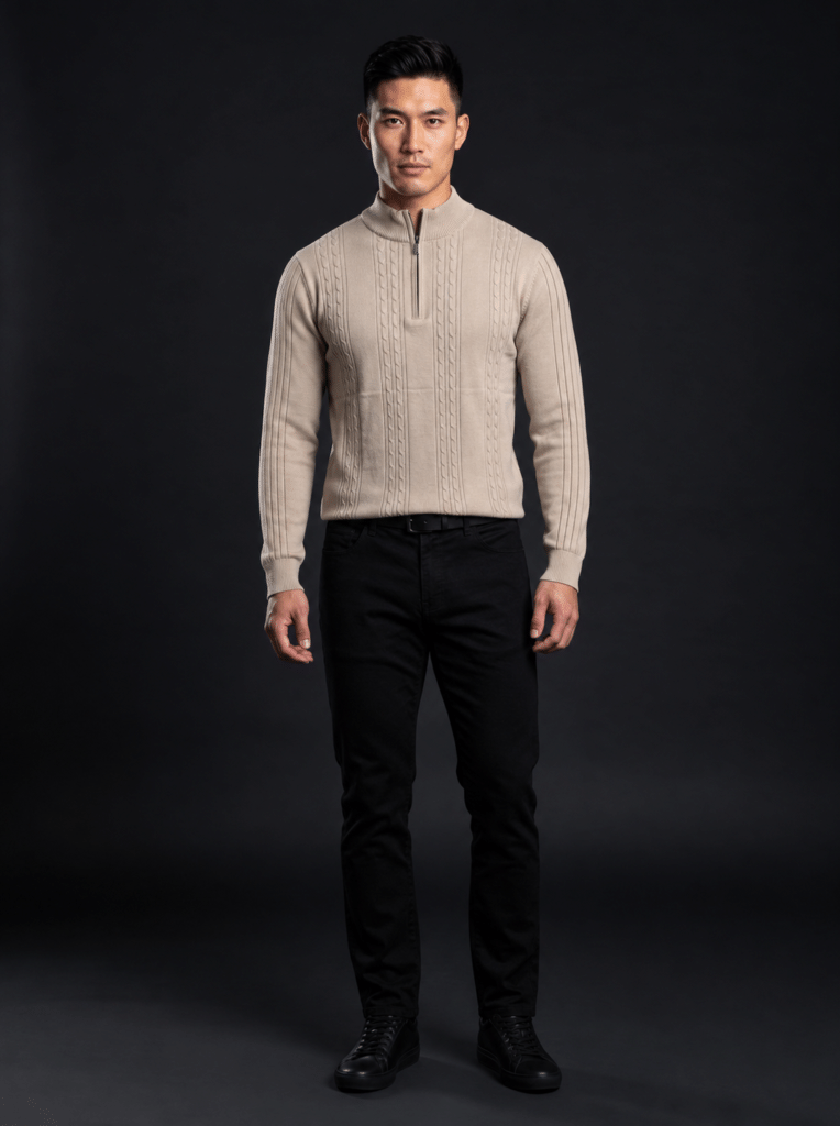 Мъжки пуловер Quarter-Zip с фини плитки – Бежов