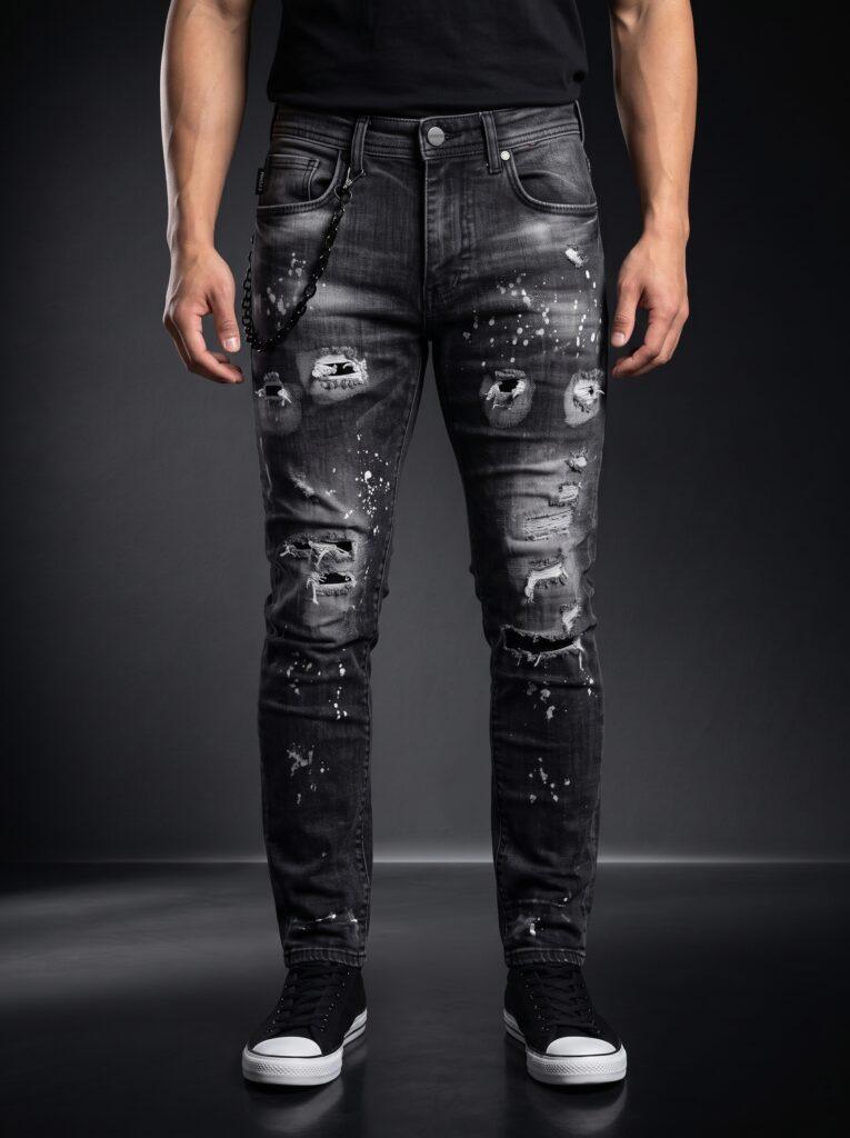 Мъжки Slim Fit дънки с накъсани детайли и кръпки – Графит