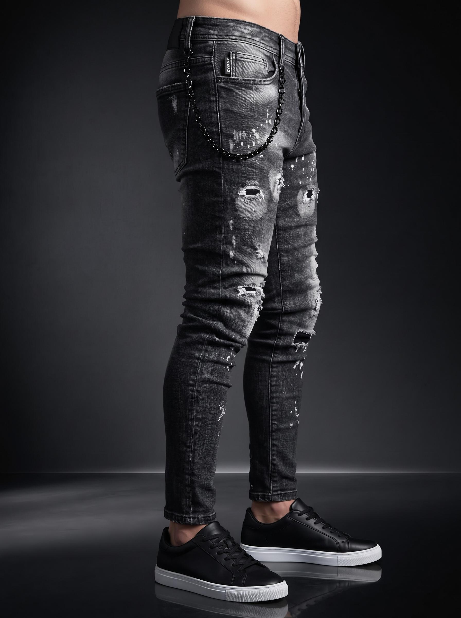 Мъжки Slim Fit дънки с накъсани детайли и кръпки – Графит - Image 3
