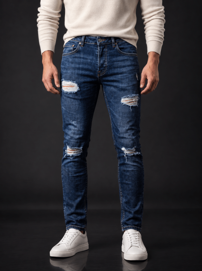 Мъжки Slim Fit дънки с накъсани детайли – Тъмносини