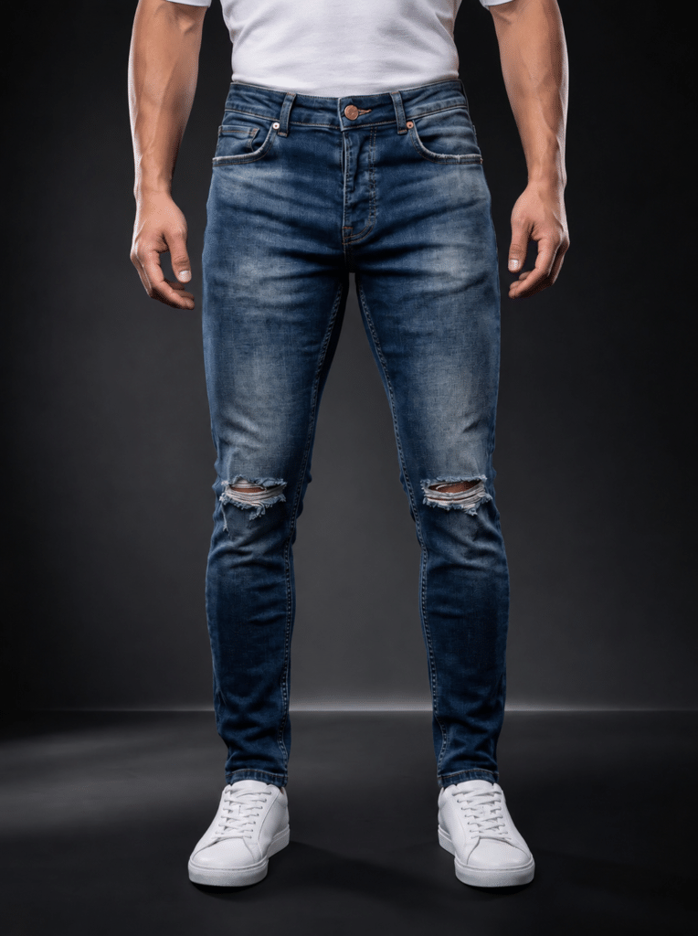 Мъжки Slim Fit дънки с накъсани колена – Син деним