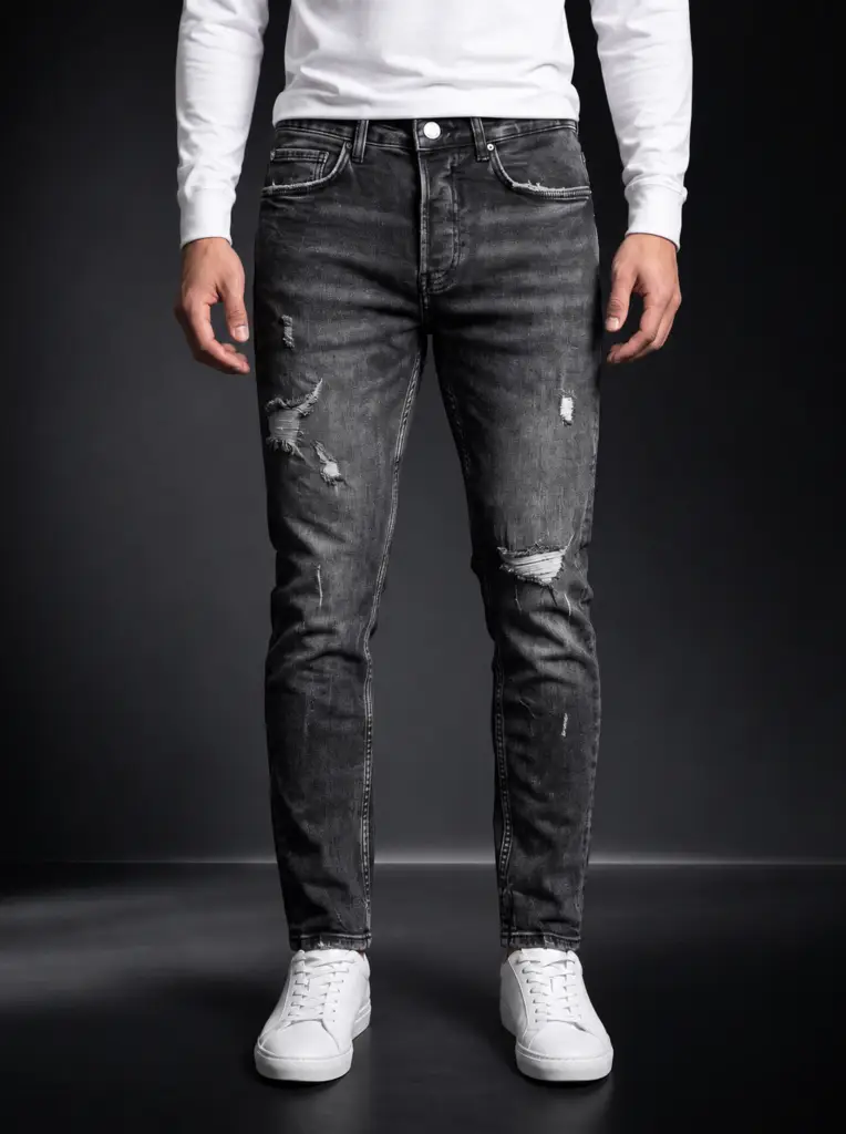 Мъжки Slim Fit дънки с накъсани детайли – Графит